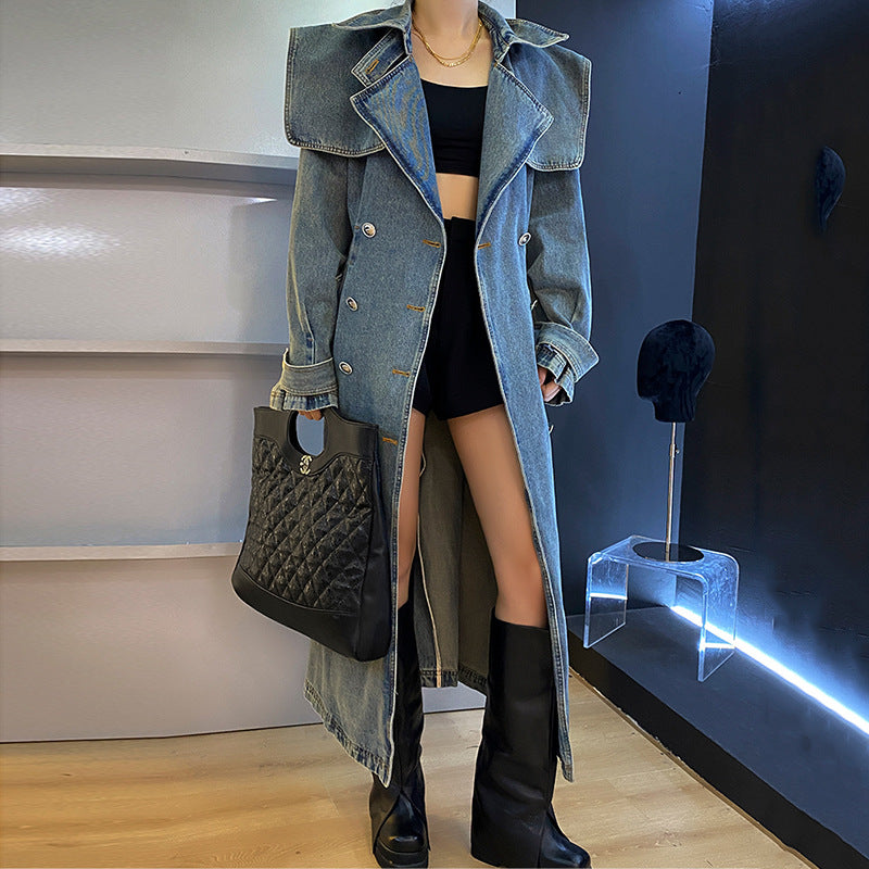 Plus Size Long Blue Denim Trench Coat for Women