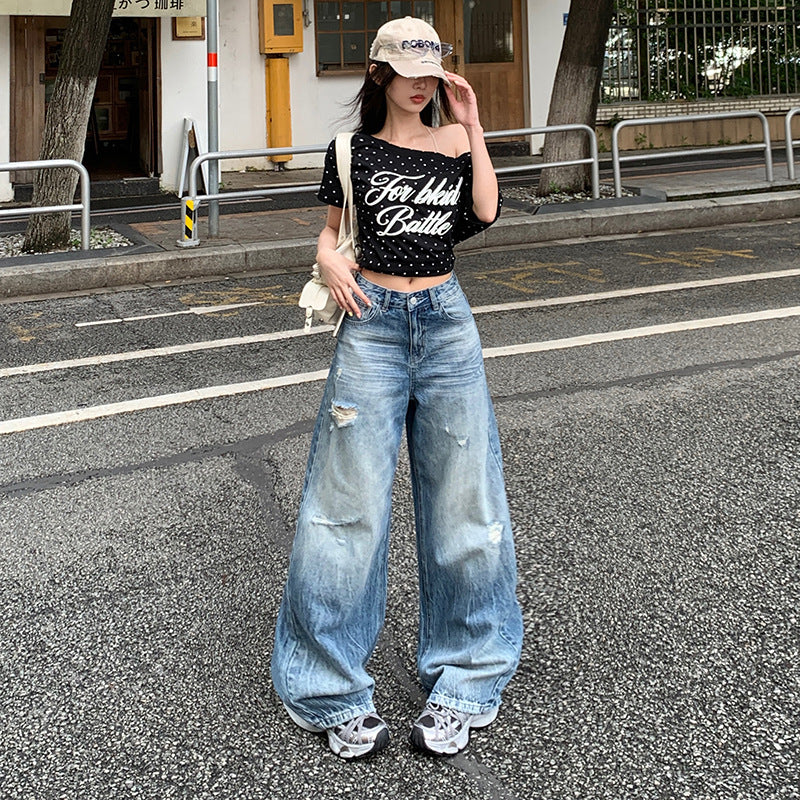 Ripped Denim Pants for Women - High Waist Loose Fit Straight Leg