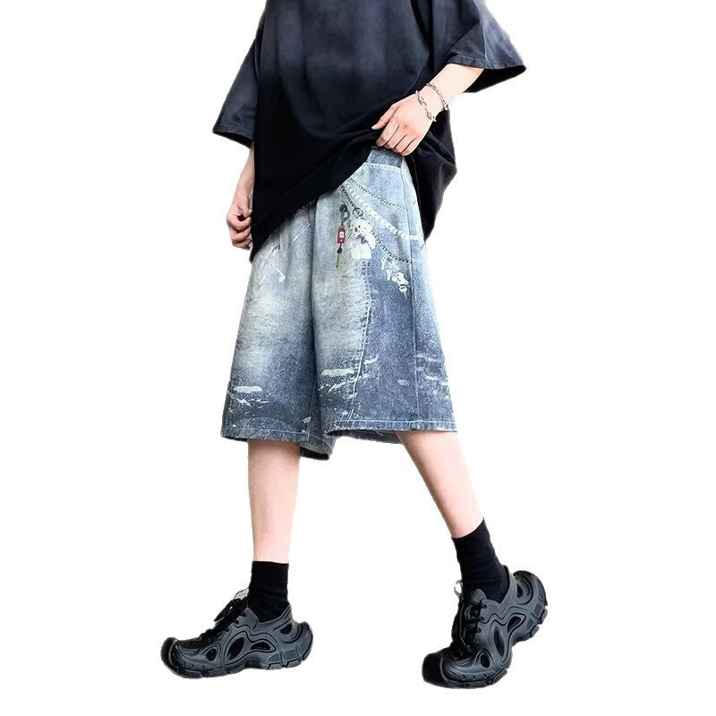 Spray Painted Chain Printed Denim Cropped Pants for Men