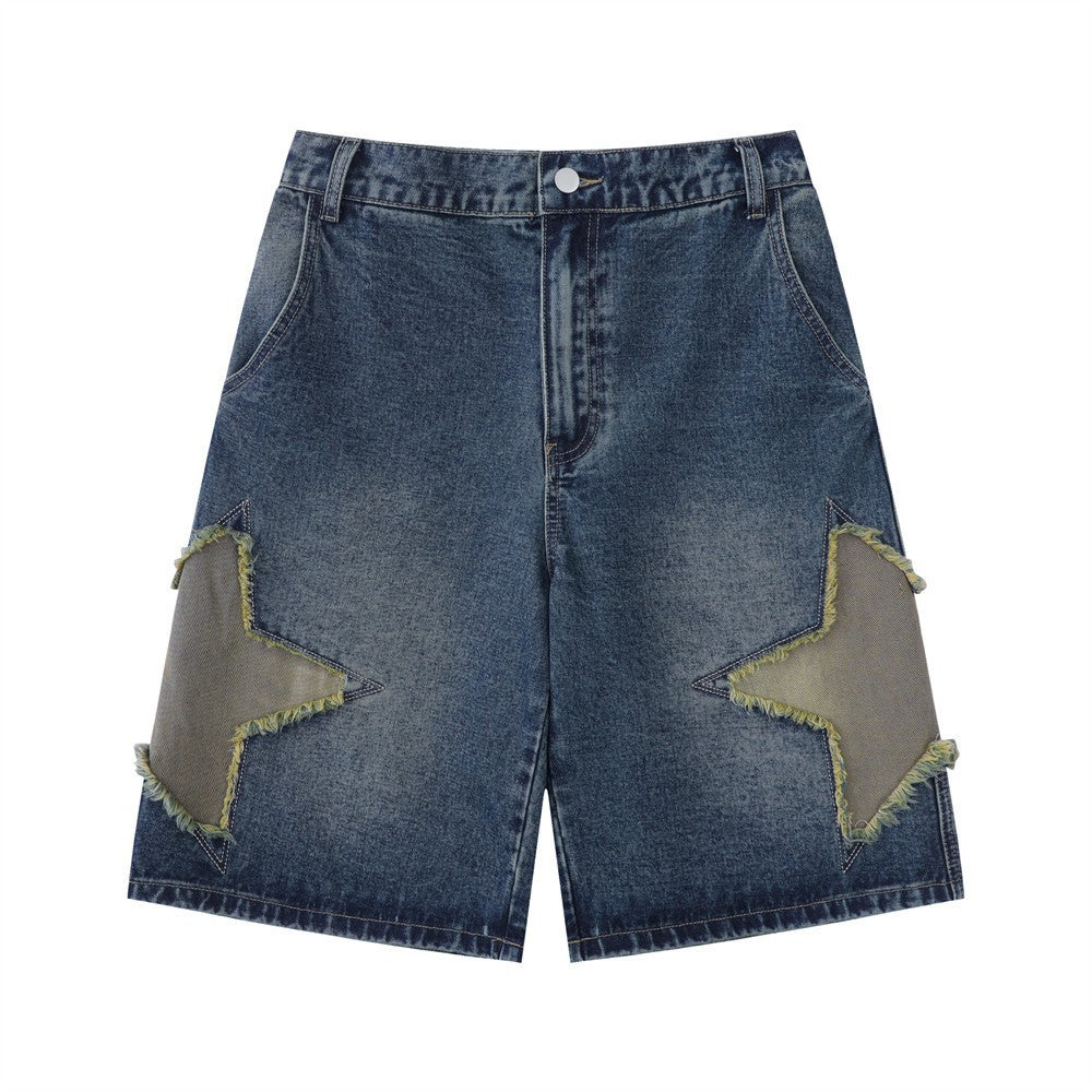 Men's Star-Embroidered Loose Fit Denim Shorts