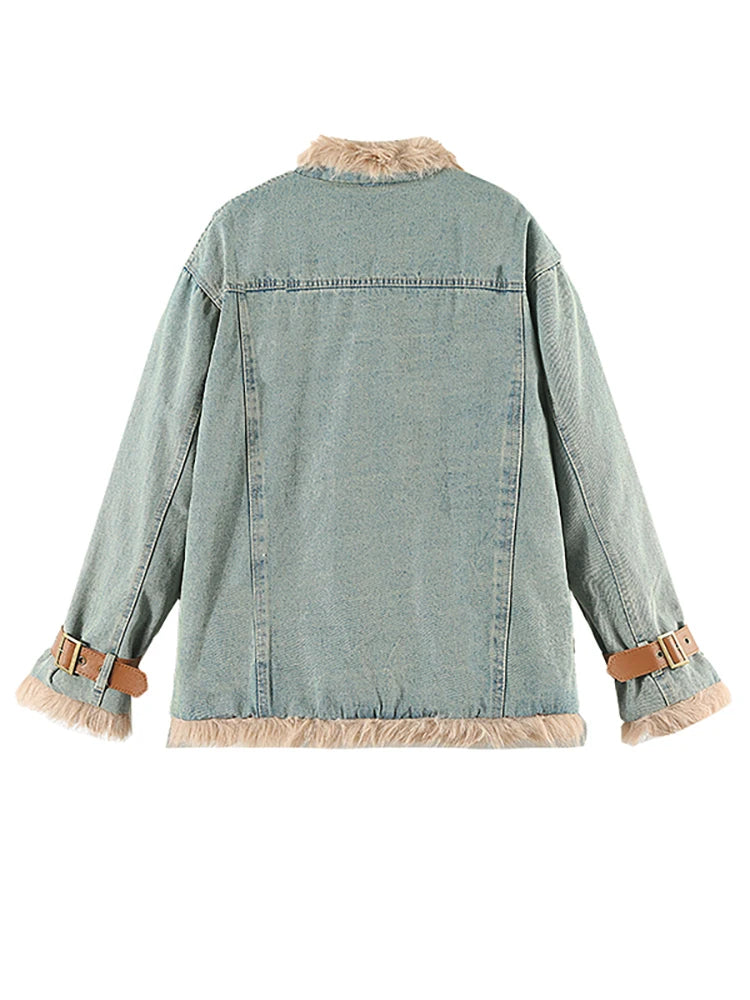 Women's Denim Coat with Stand Collar and Plush Cotton-Padded Lining