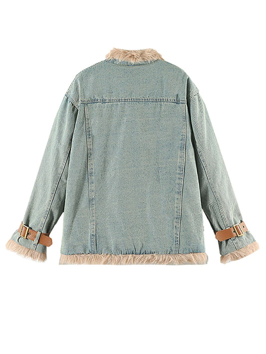 Women's Denim Coat with Stand Collar and Plush Cotton-Padded Lining