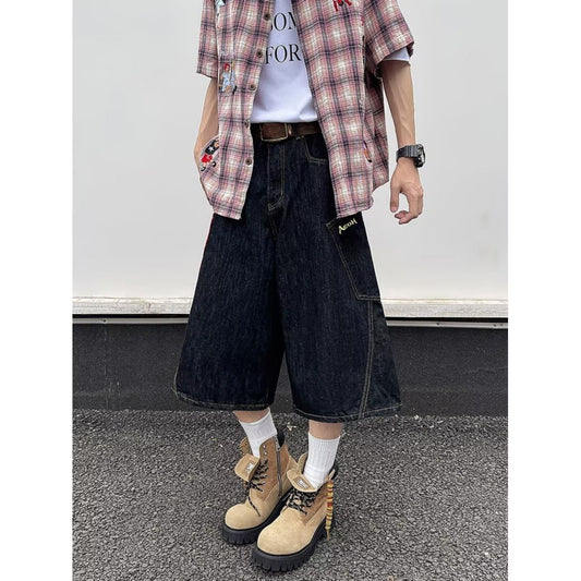 Retro Large Pocket Plaid Patchwork Denim Cropped Pants for Men