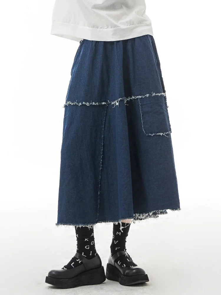 High Elastic Waist Blue Denim Vintage Skirt for Women