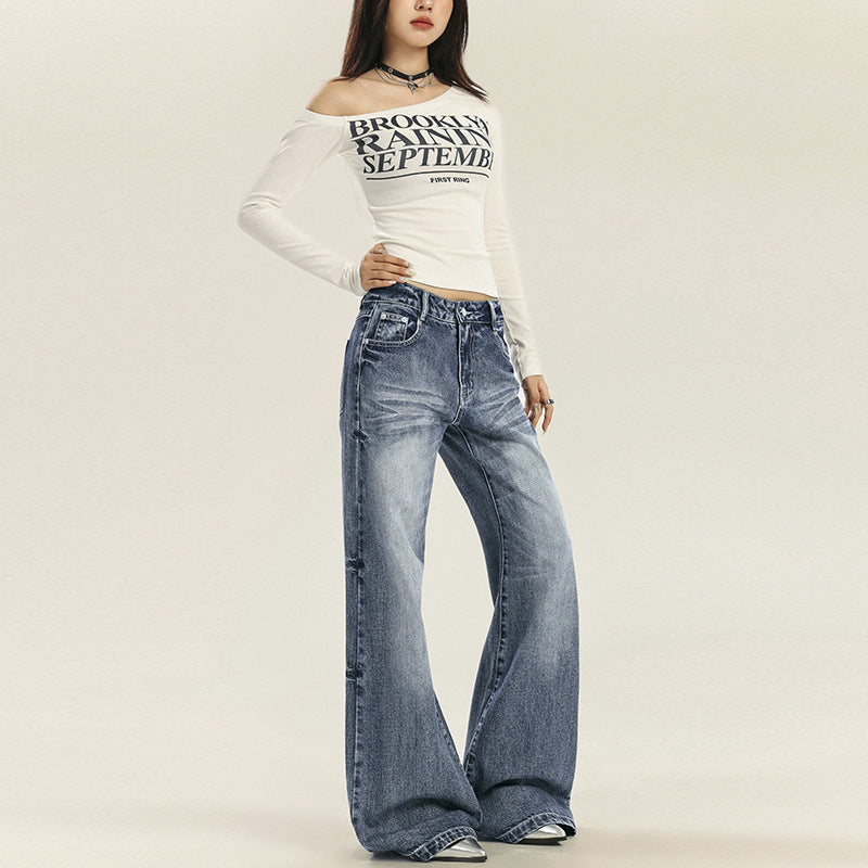 Vintage Light Wash Denim Trousers for Women - Low Waist, Slimming Fit