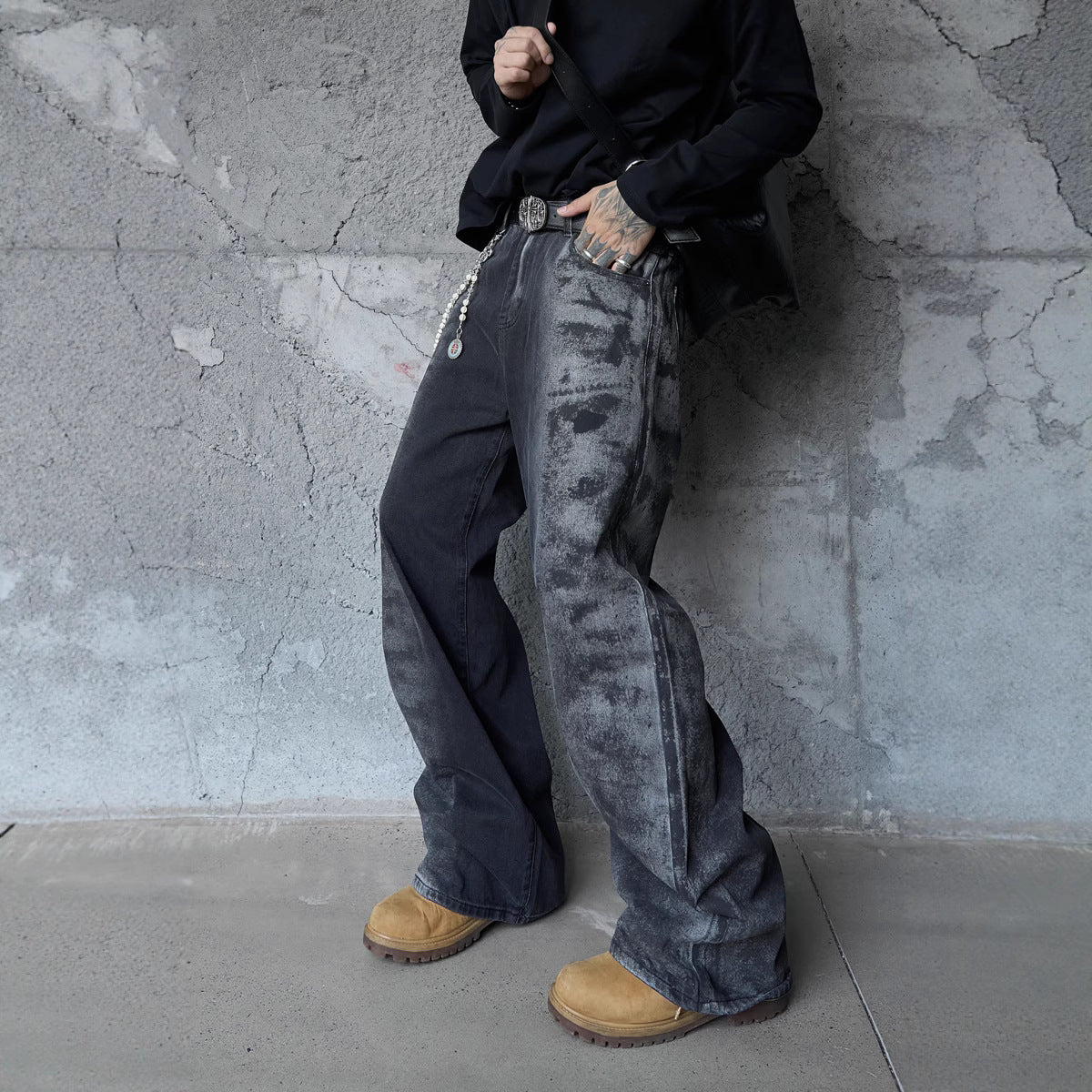Hip-Hop Denim Pants for Men and Women, High-Quality Oversized Splatter Print Straight Leg Pants