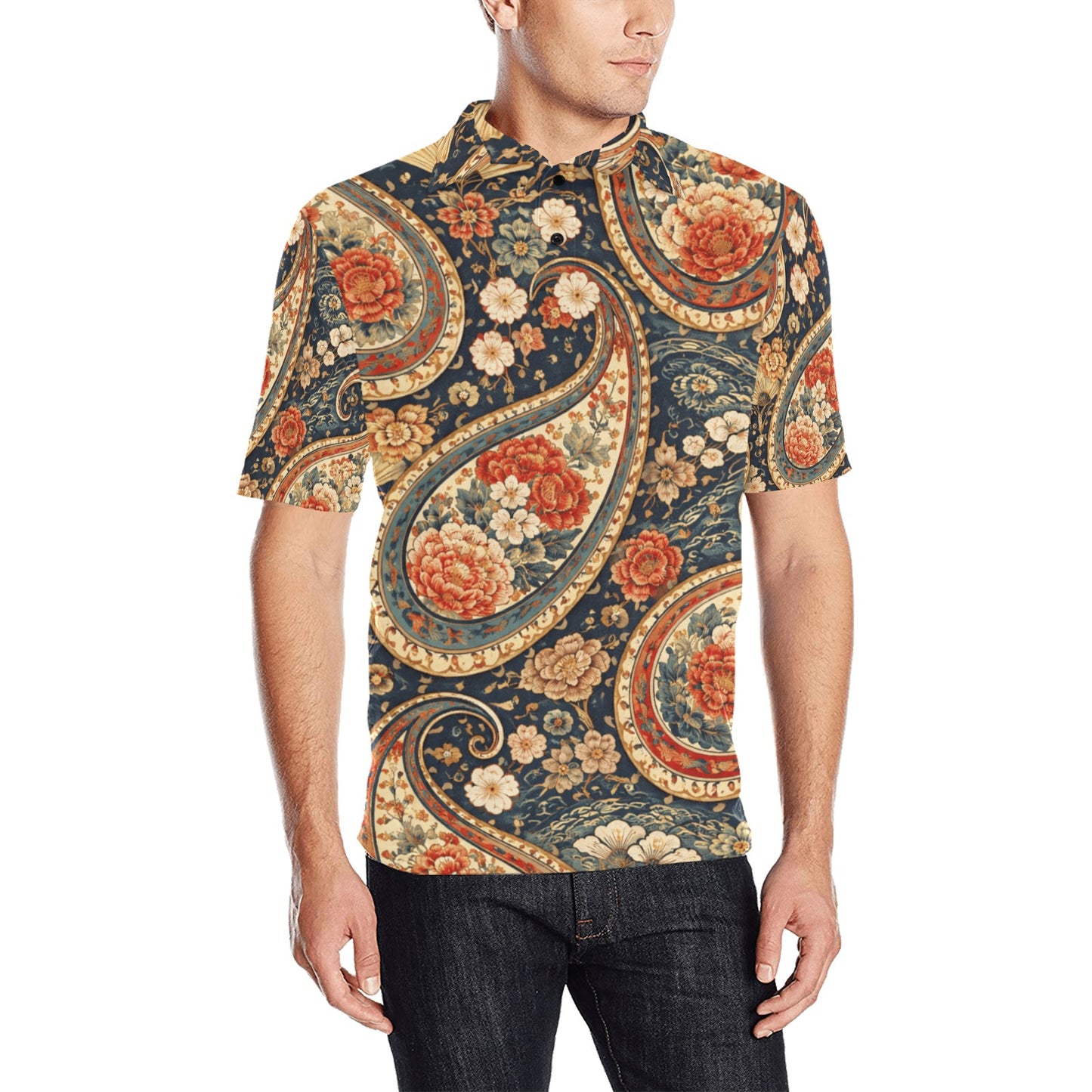 Japanese Paisley Pattern Men's All Over Print Polo Shirt