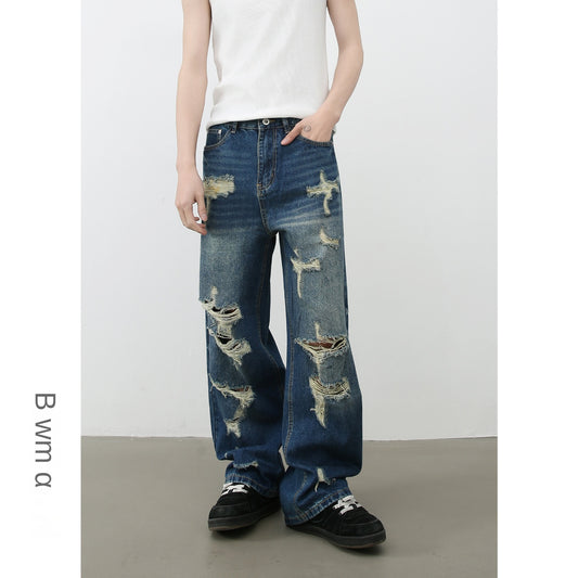 American Style Distressed Denim Pants for Men - High Street Retro Vibe