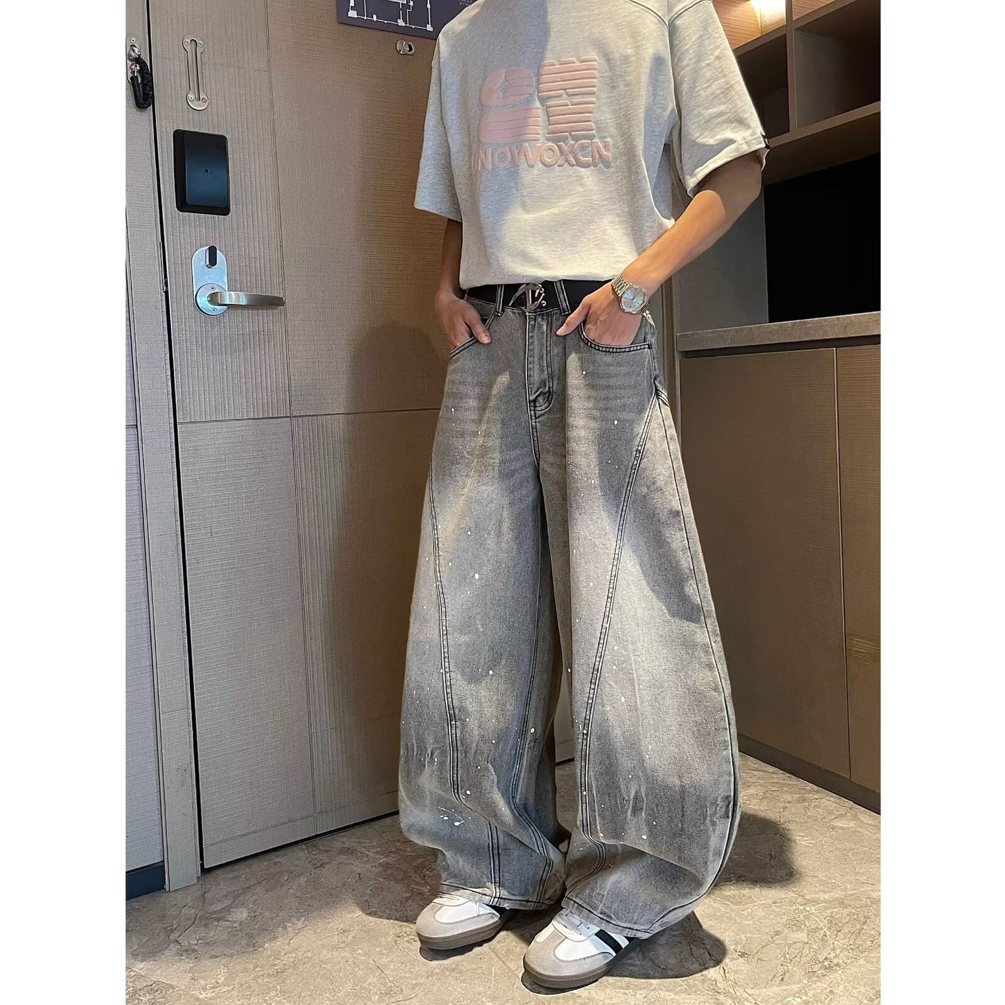 Retro Washed Curved Knife Denim Loose Drape Wide Leg Floor Length Pants