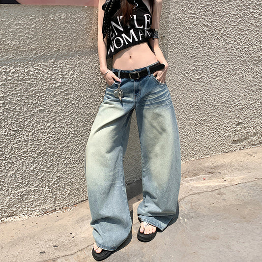 Washed Cat Whisker Denim Trousers for Women - Loose Low Waist Slim Fit Wide Leg Pants