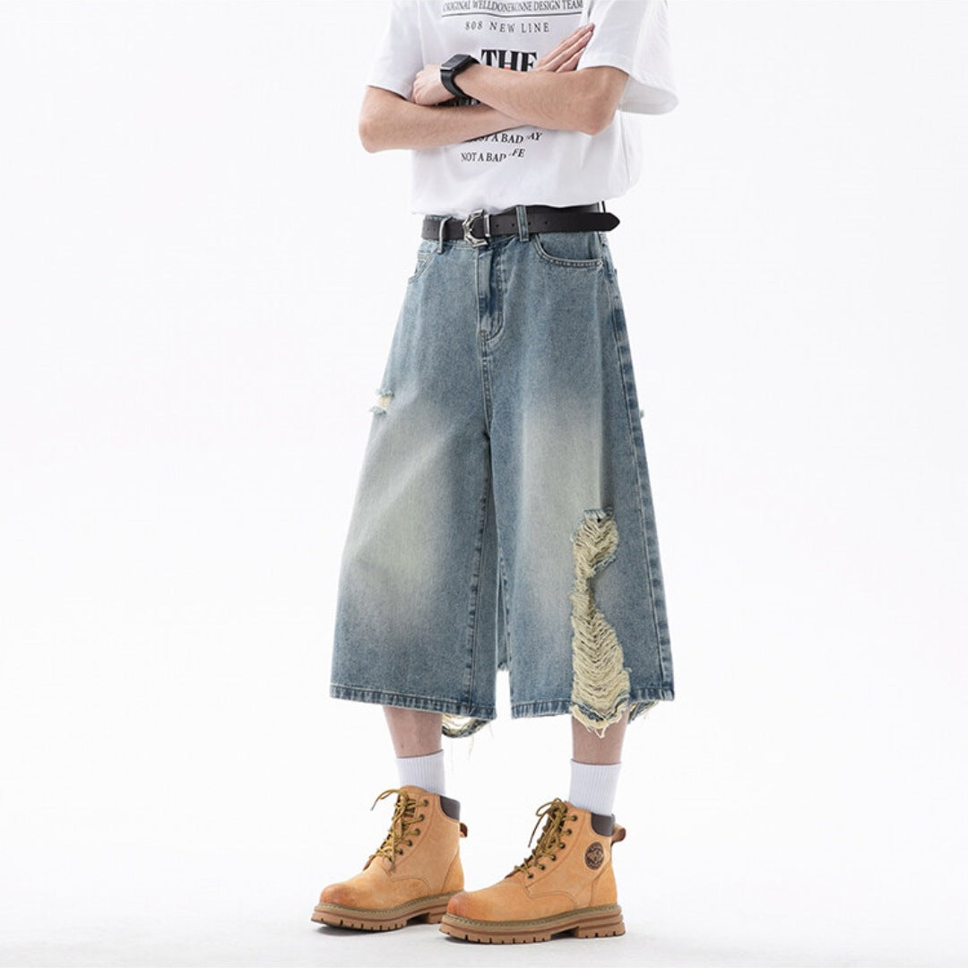 Men's Ripped Denim Cropped Pants - Summer Lightweight Design