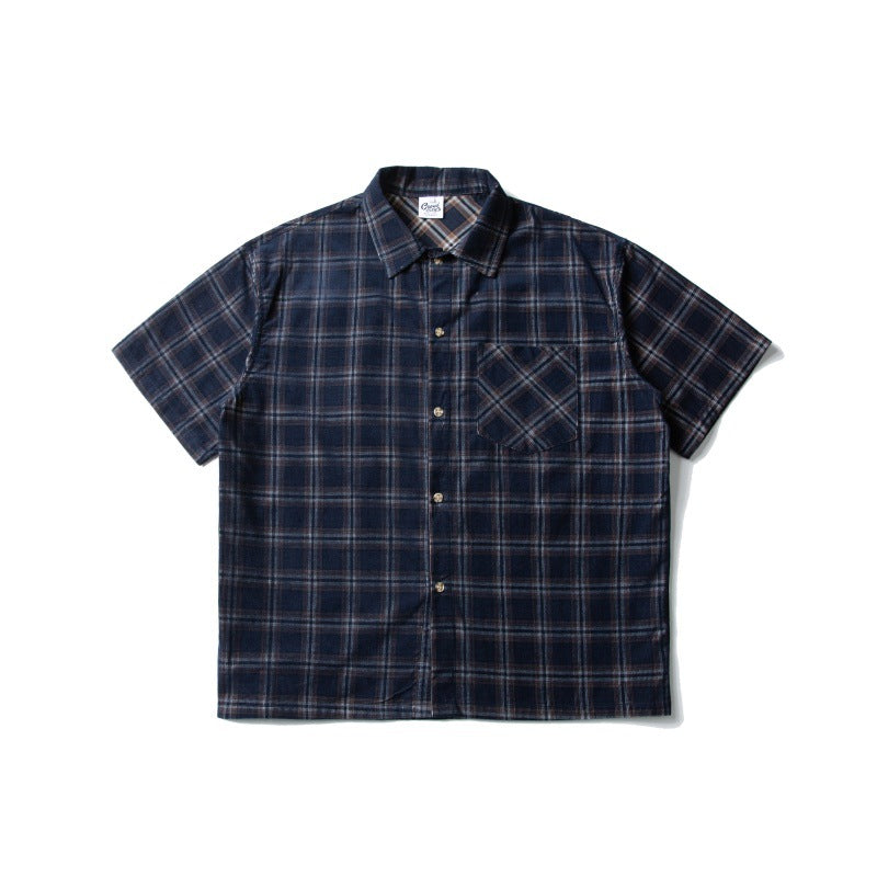 Chenille Plaid Lapel Short Sleeved Shirt for Men