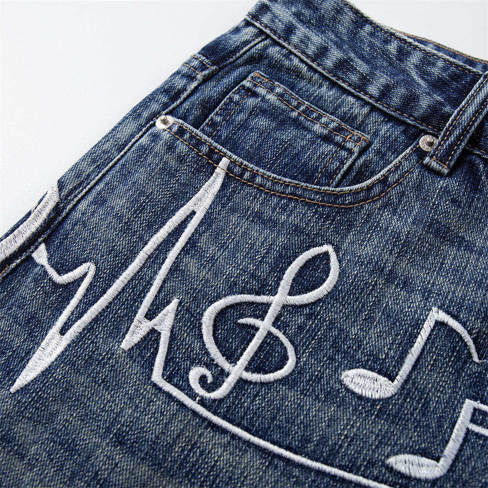 Men's Embroidered Denim Shorts — Mid Rise Loose Fit, Blue