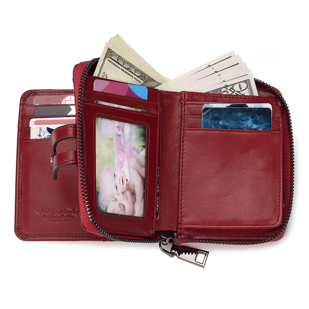 RFID Leather Wallet Cowhide - Zipper Buckle Bag