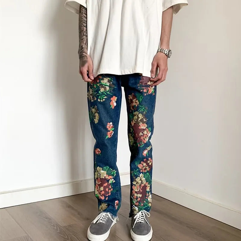 Hand-Painted Floral Graffiti Fringed Small Straight Leg Jeans for Men