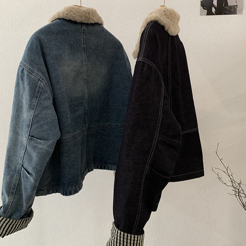 Patchwork Stripe Collar Thick Fleece Lined Single Button Long Sleeve Denim Jacket for Women