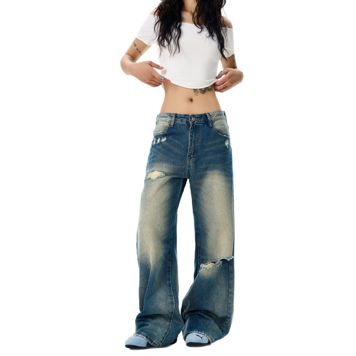 Washed Retro Blue Denim Loose Casual Straight Leg Pants