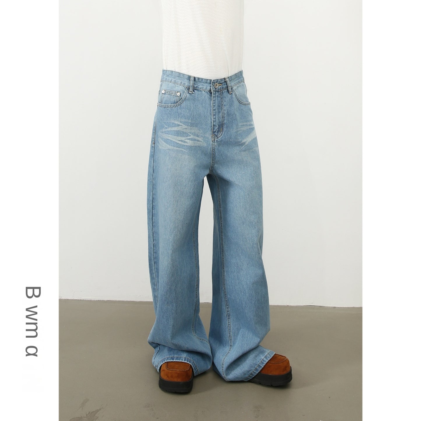 American Style Washed Cat Whisker Blue Denim Trousers for Men - Loose Straight Wide Leg Pants