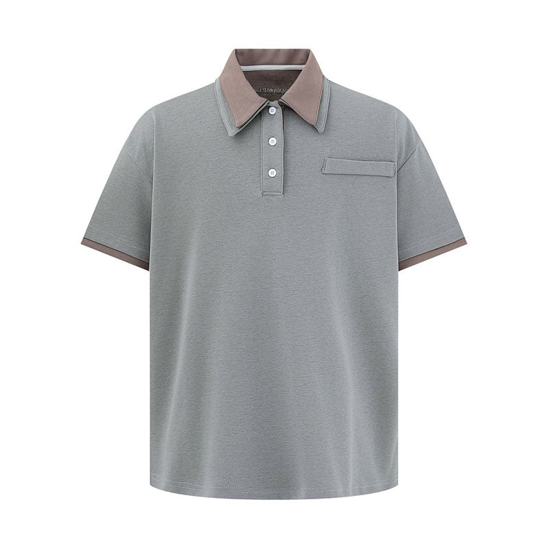 Color Block Two-Piece Design Polo Shirt Casual Turn-Down Collar Short Sleeve T-Shirt for Men