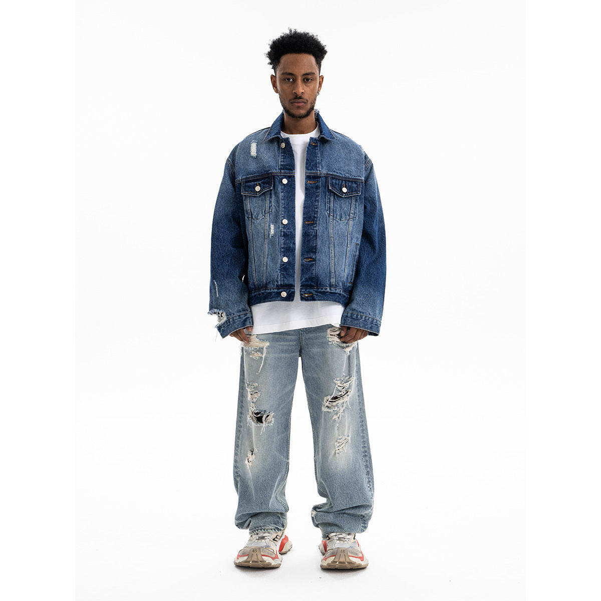 Washed Distressed Heavyweight Denim Jacket for Men