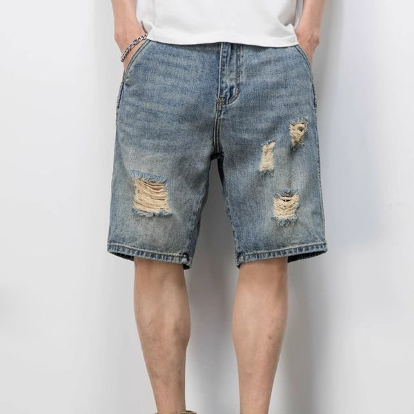 Men's Distressed Denim Shorts - Loose Fit Korean Style