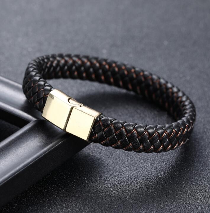 Braided Black Blue Leather Bracelet for Men with Stainless Steel Magnetic Clasp