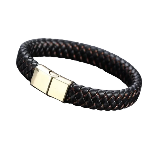 Braided Black Blue Leather Bracelet for Men with Stainless Steel Magnetic Clasp