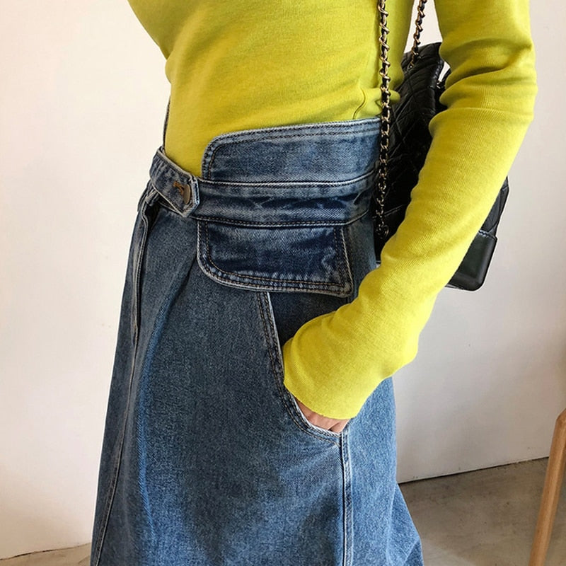 Slim High Waist Midi Jean Skirt for Women - Straight Loose Streetwear Denim Skirt with Pockets