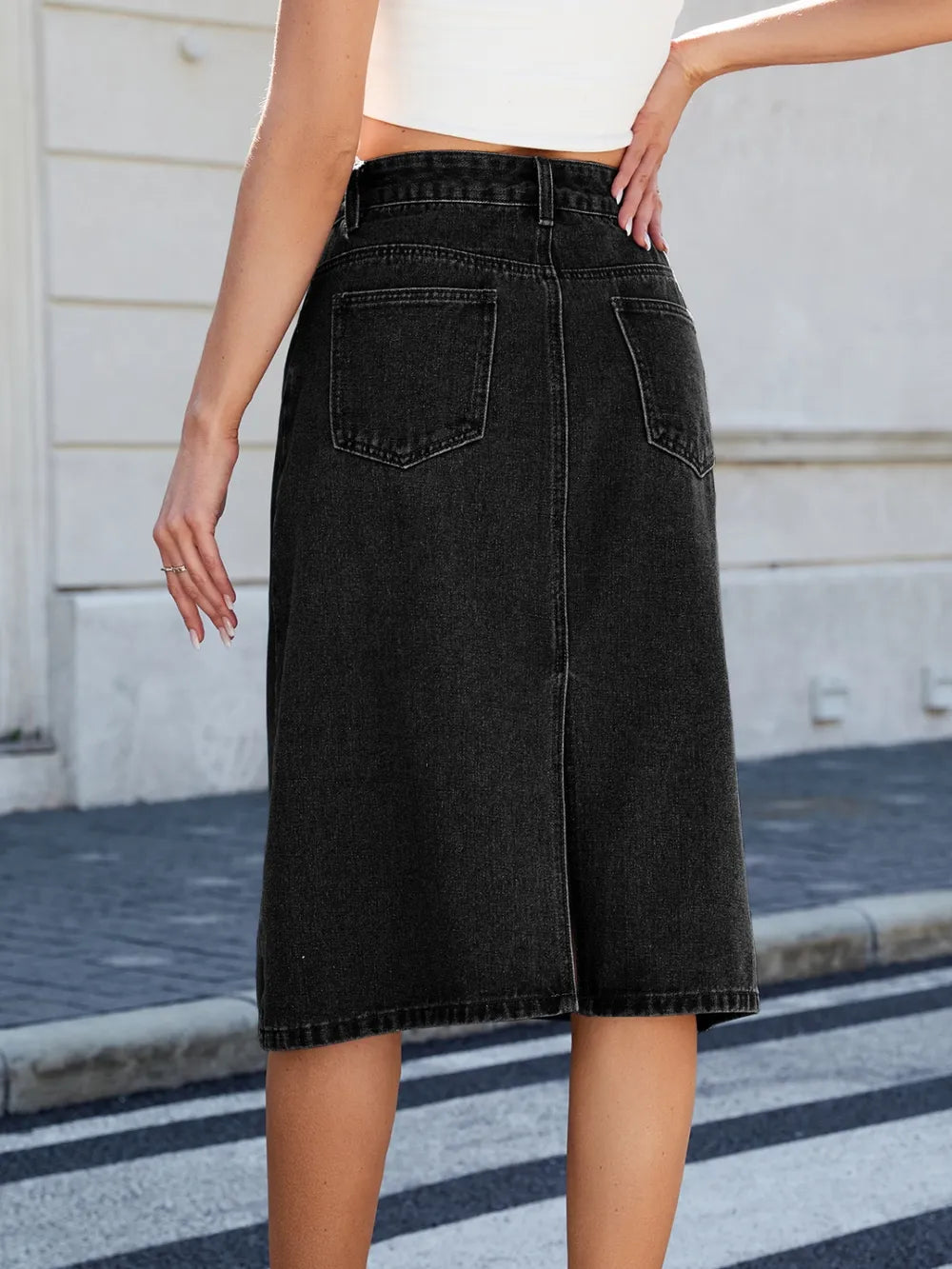 Luxury Japanese Denim Midi Skirt with Back Slit