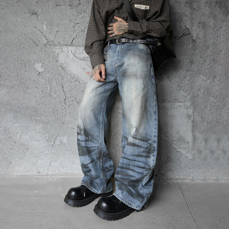 Vintage Distressed Washed Knife-Edge Denim Pants