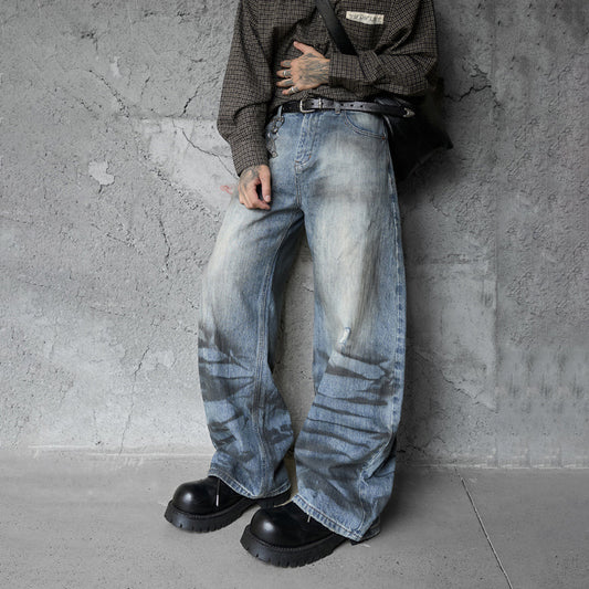 Vintage Distressed Washed Knife-Edge Denim Pants