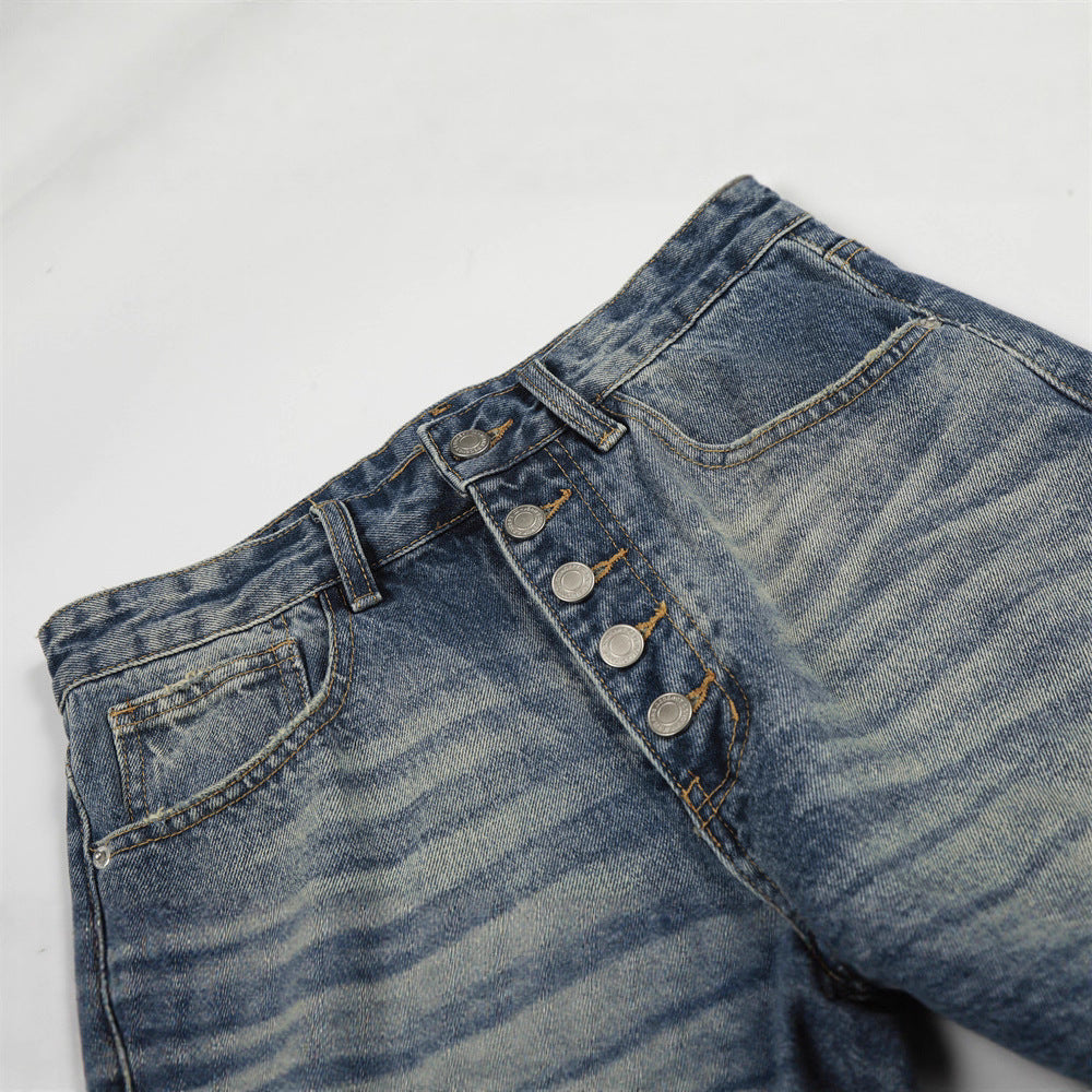 Vintage Men's Denim Pants, Button-Down Faded Straight Leg, Casual Loose Fit, Wide Leg Style