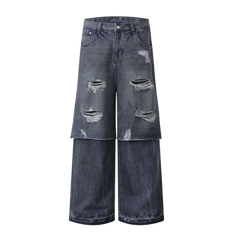 Ripped Faux Two-Piece Straight Leg Jeans Washed Casual Trousers