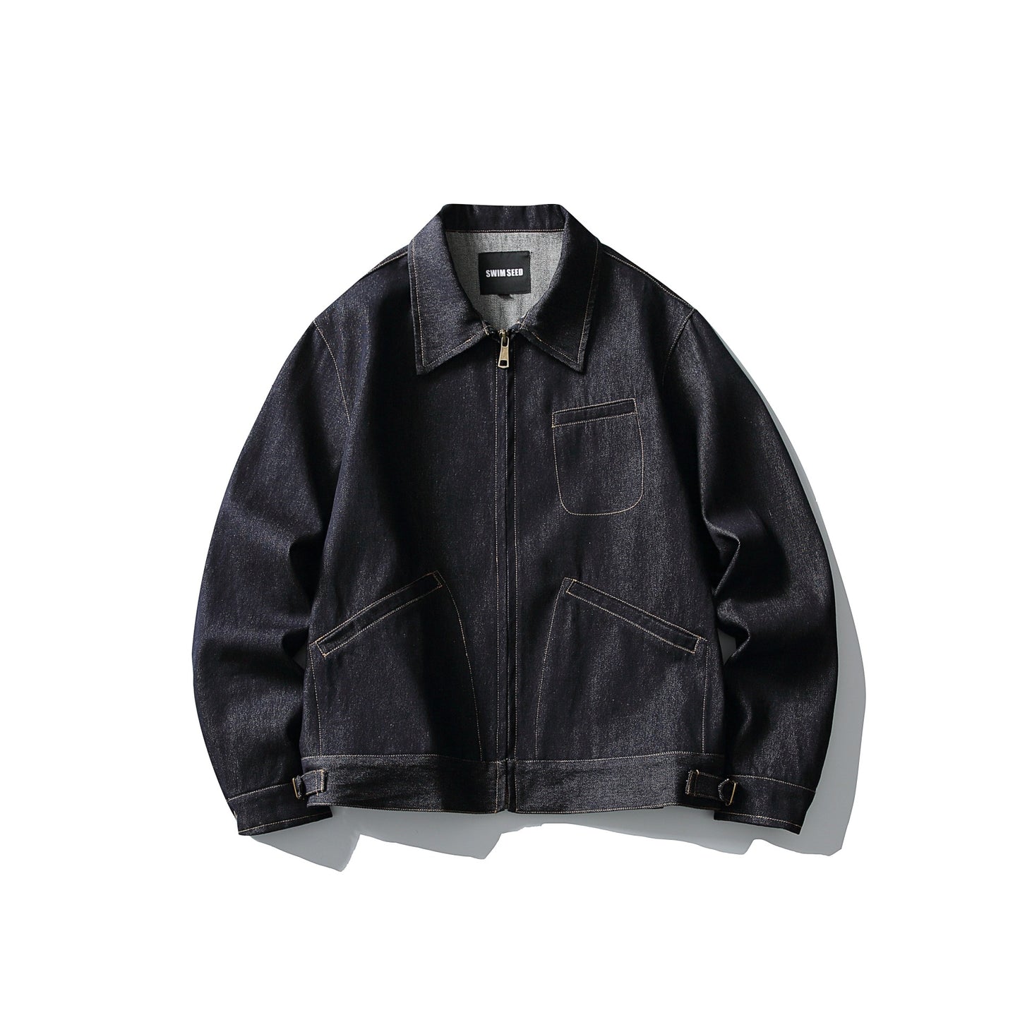 Short Denim Jacket with Topstitching Turn-down Collar