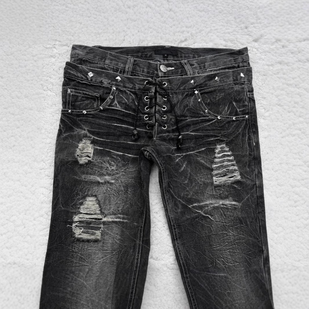 Gothic Style Flared Jeans -  Distressed Denim Trousers