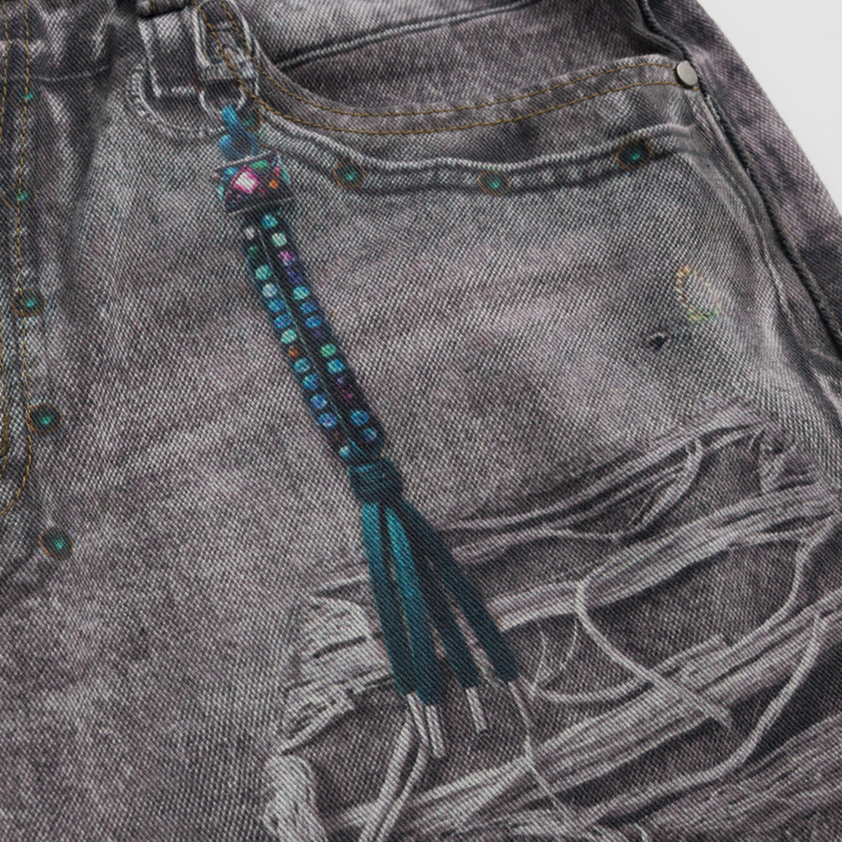 Washed 3D Printed Denim Wide Leg Pants