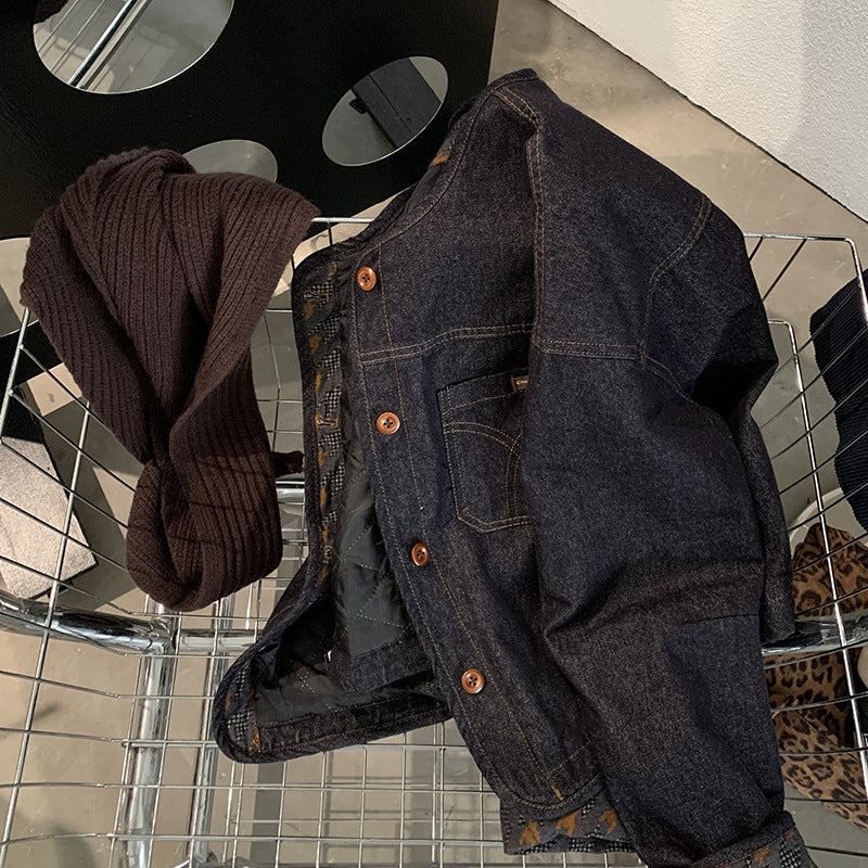 Cotton-Lined Round Neck Single-Breasted Long Sleeve Denim Jacket with Knit Shawl Two-Piece Set for Women