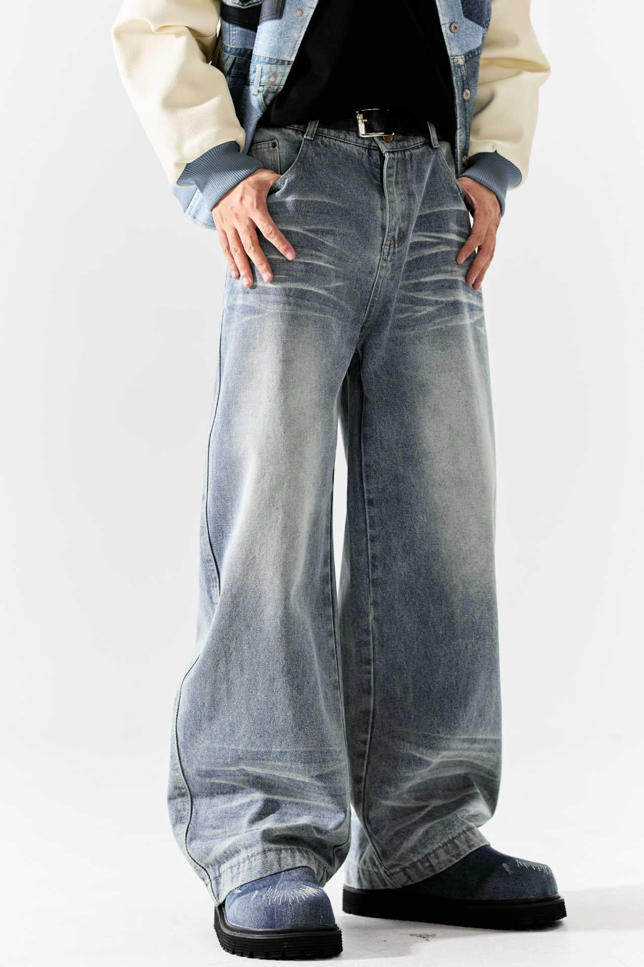 High-Street Wash Denim Long Pants with Unique Design