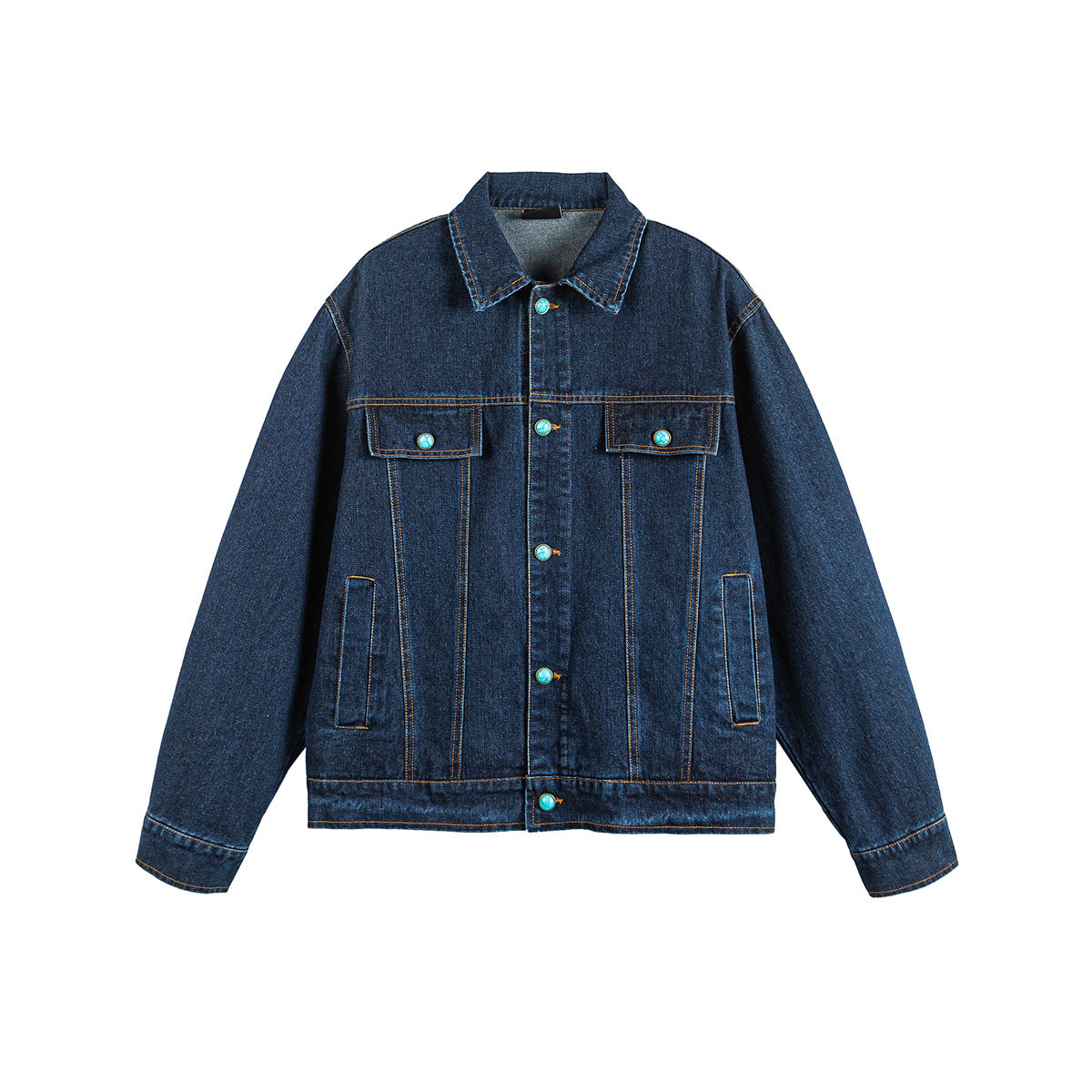 Turquoise Button Design Loose Casual Washed Denim Jacket