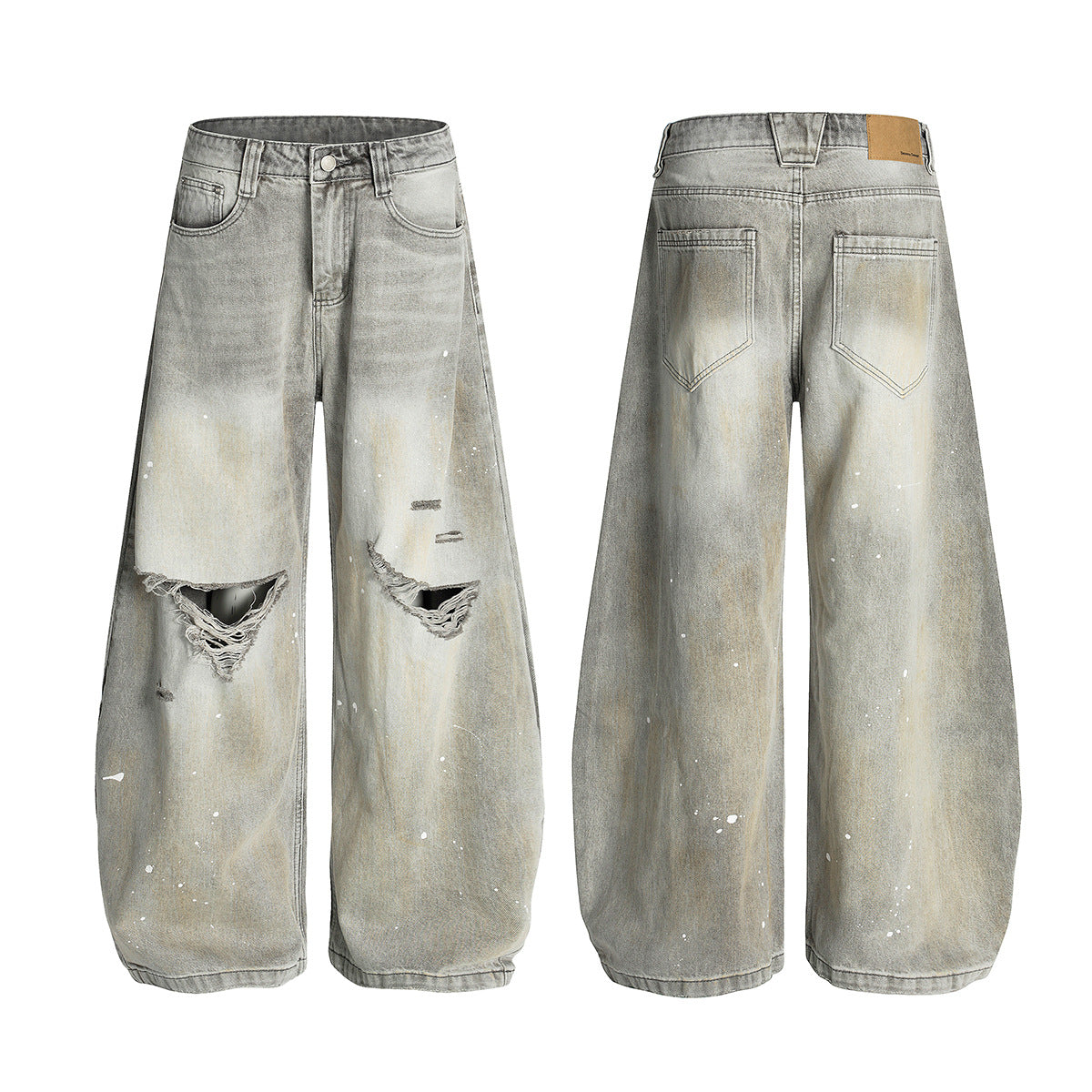 Bent Knife Washed Ripped Jeans Wide Leg Pants