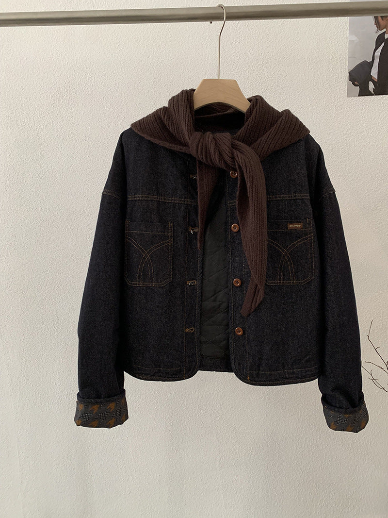 Cotton-Lined Round Neck Single-Breasted Long Sleeve Denim Jacket with Knit Shawl Two-Piece Set for Women