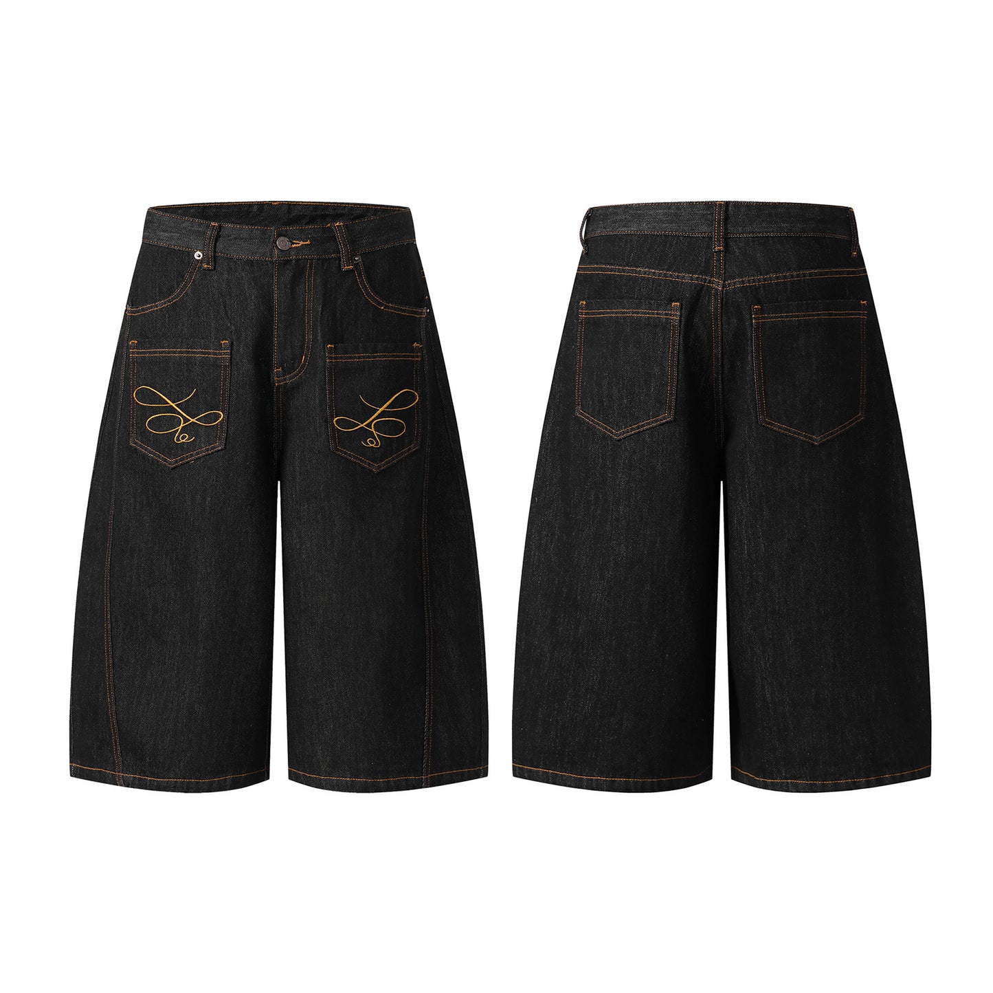 Unisex Curved Knife Denim Embroidered Mid-Length Shorts