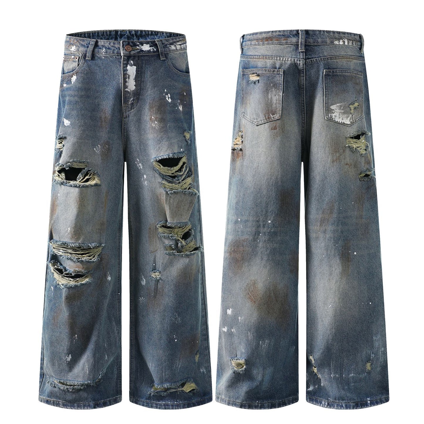Mud Stained Denim Jeans with Holes -  Blue Pants
