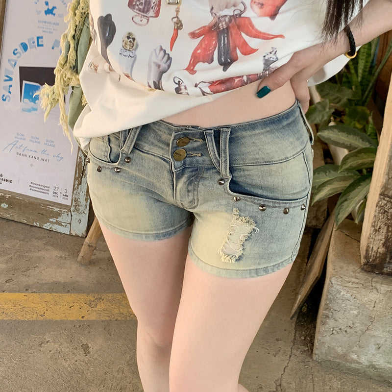 Low-Waist Studded Denim Ultra-Short Summer Skinny Ripped Hot Pants
