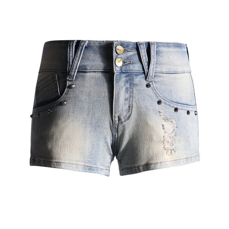 Low-Waist Studded Denim Ultra-Short Summer Skinny Ripped Hot Pants