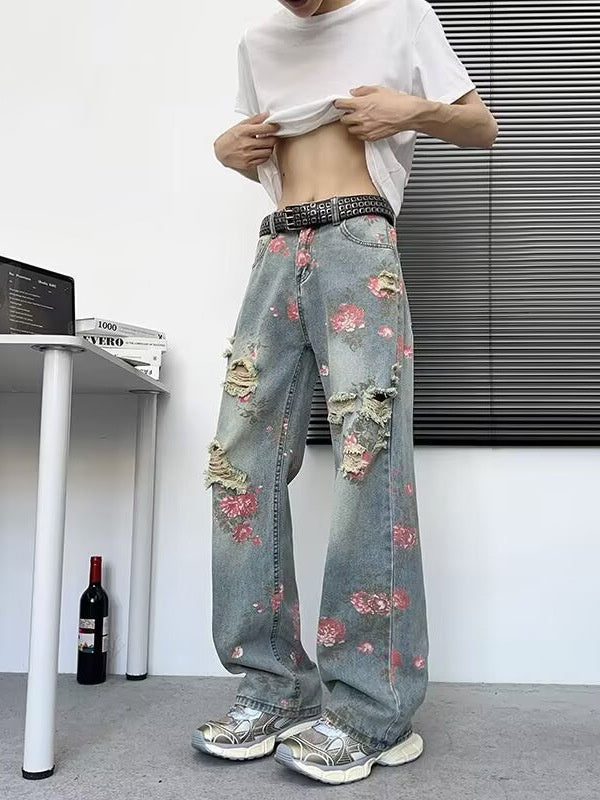 Thin Breathable Distressed Semi Elastic Waist Bending Knife Pants