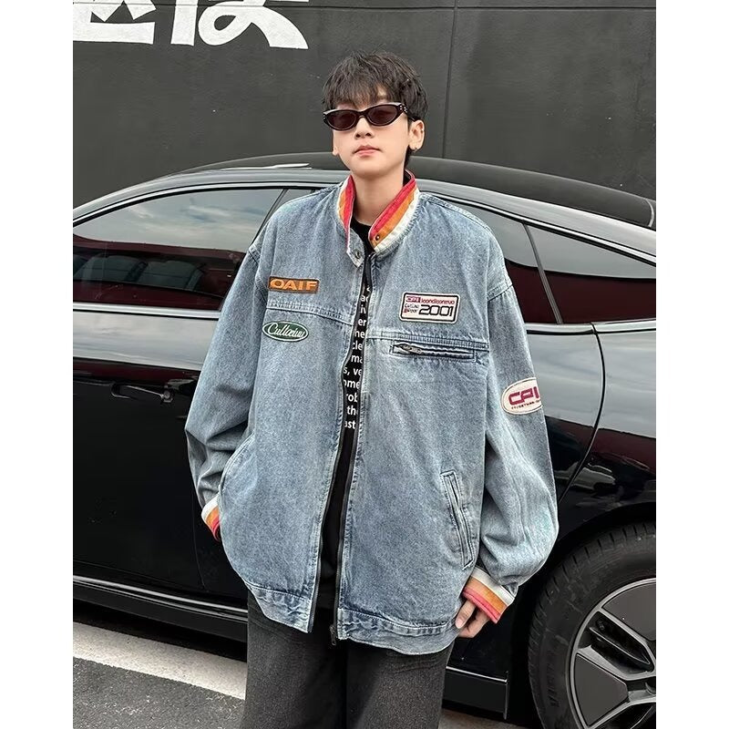 Vintage Stand Up Collar Couple Denim Jacket for Men