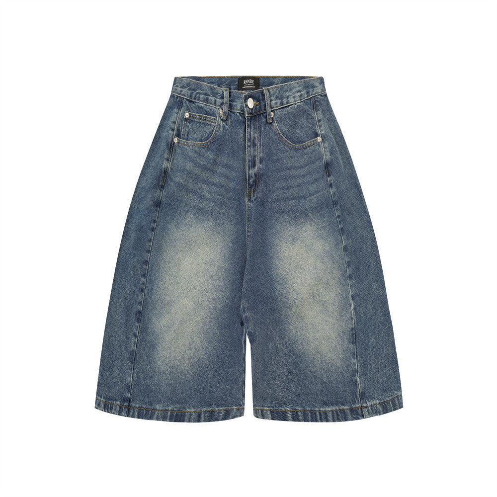 Men's Distressed Wide-Leg Denim Shorts with Patchwork
