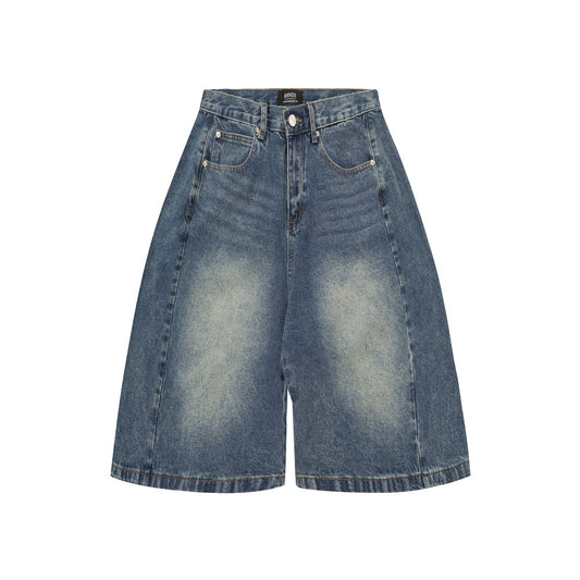 Men's Distressed Wide-Leg Denim Shorts with Patchwork