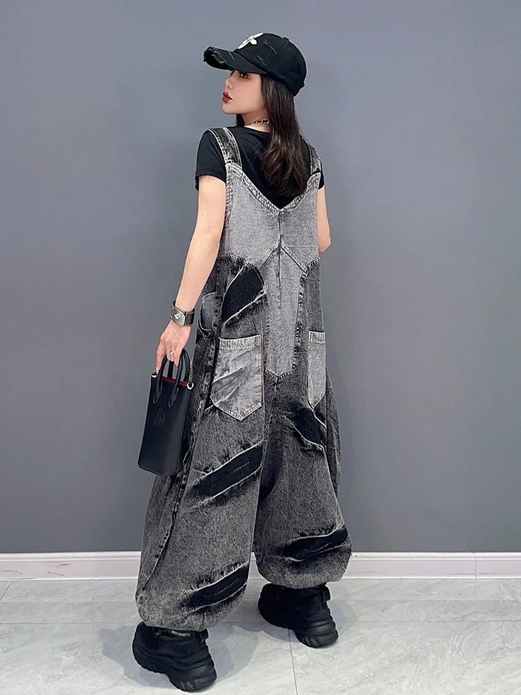 Fashion Women's Denim Patchwork V-neck Single Breasted Pocket Casual Loose Rompers for Summer